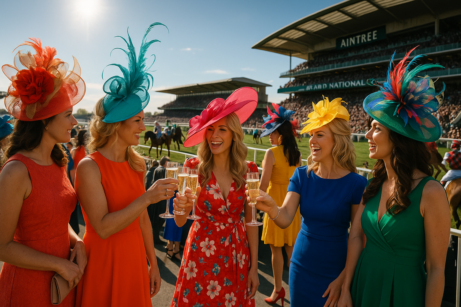 A vibrant scene unfolds at the Grand National where the sun shines brightly over the bustling Aintree Racecourse Elegant women in colorful dresses and extravagant hats stroll through the venue each headpiece more striking than the last Some hats are-1